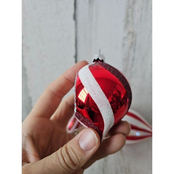 Striped reflector red ornament teardrop ball set lot Xmas tree large - Picture 3 of 13